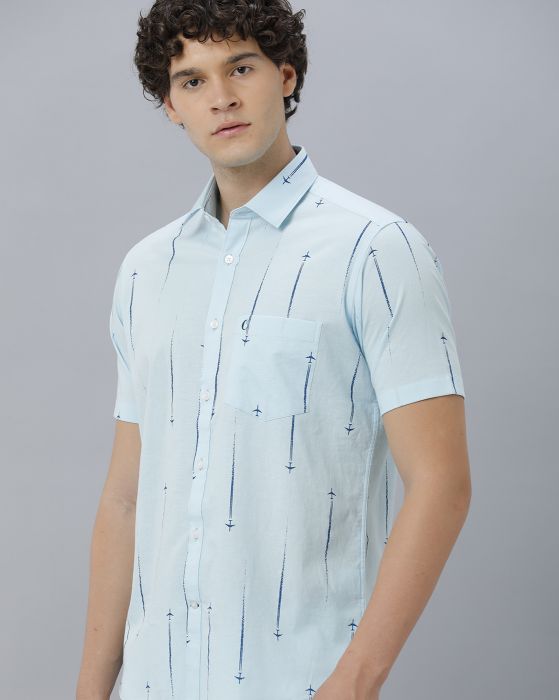 Cavallo By Linen Club Men's Cotton Linen Blue Printed Regular Fit Half Sleeve Casual Shirt