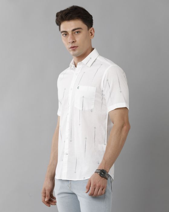 Cavallo By Linen Club Men's Cotton Linen White Printed Regular Fit Half Sleeve Casual Shirt