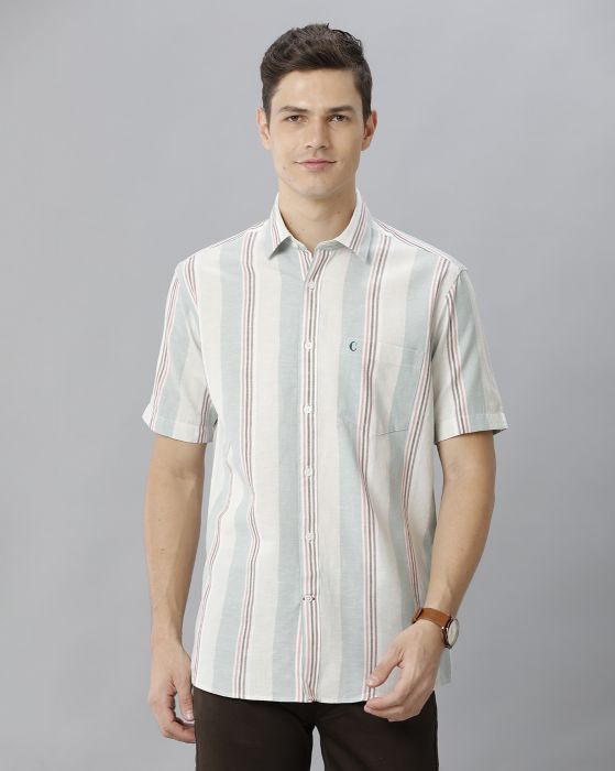 Cavallo By Linen Club Men's Cotton Linen Blue Striped Regular Fit Half Sleeve Casual Shirt
