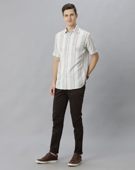 Cavallo By Linen Club Men's Cotton Linen Blue Striped Regular Fit Half Sleeve Casual Shirt