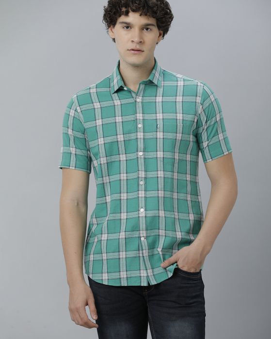 Cavallo By Linen Club Men's Cotton Linen Green Checks Regular Fit Half Sleeve Casual Shirt