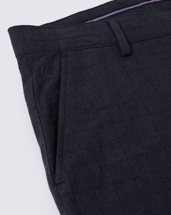 Cavallo By Linen Club Men's Cotton Linen Grey Checks Mid-Rise Slim Fit Trouser