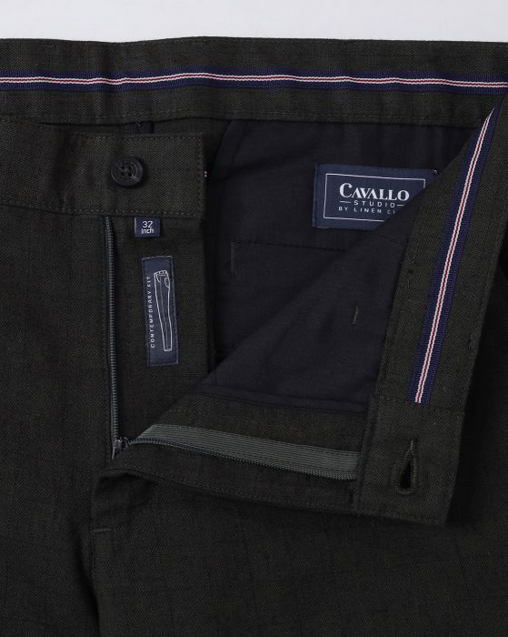 Cavallo By Linen Club Men's Cotton Linen Green Checks Mid-Rise Slim Fit Trouser