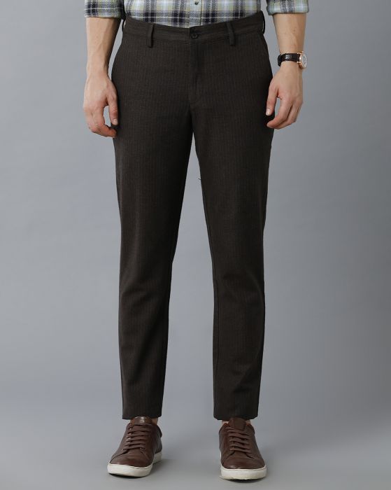 Cavallo By Linen Club Men's Cotton Linen Brown Striped Mid-Rise Slim Fit Trouser