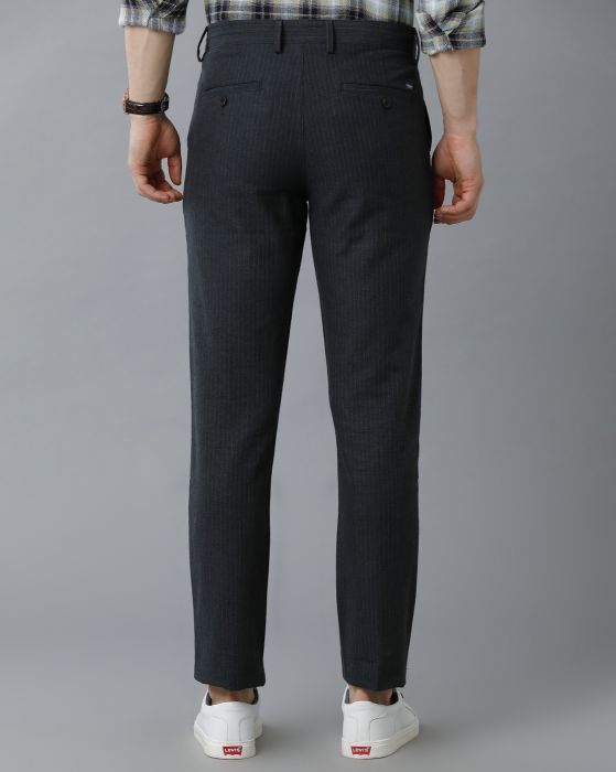 Cavallo By Linen Club Men's Cotton Linen Black Striped Mid-Rise Slim Fit Trouser