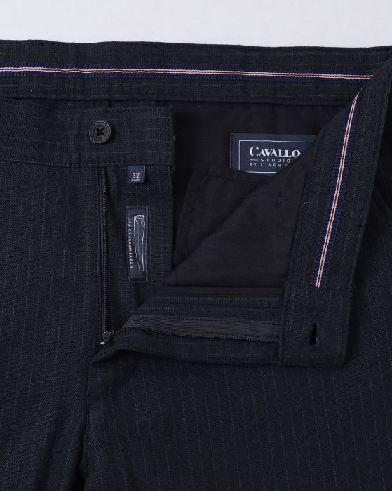 Cavallo By Linen Club Men's Cotton Linen Black Striped Mid-Rise Slim Fit Trouser