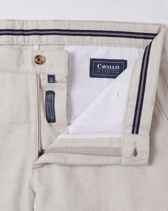 Cavallo By Linen Club Men's Cotton Linen Off White Solid Mid-Rise Slim Fit Trouser