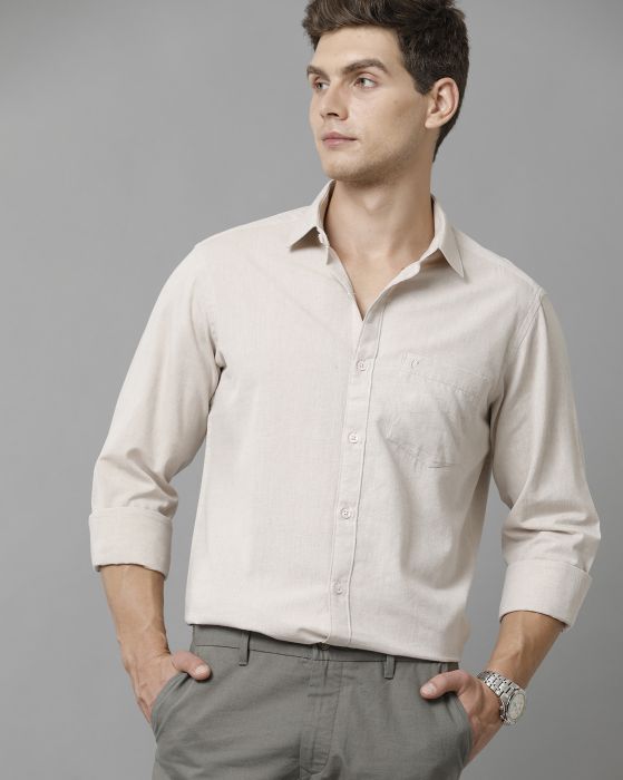 Cavallo By Linen Club Men's Cotton Linen Beige Solid Slim Fit Full Sleeve Casual Shirt