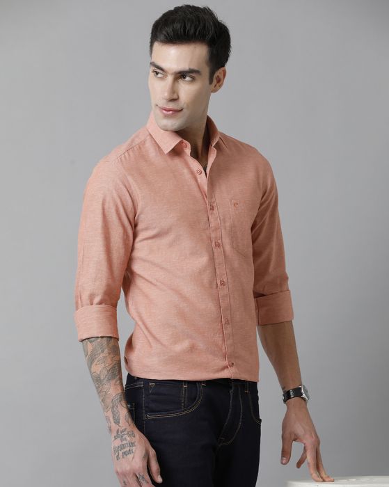 Cavallo By Linen Club Men's Cotton Linen Orange Solid Slim Fit Full Sleeve Casual Shirt