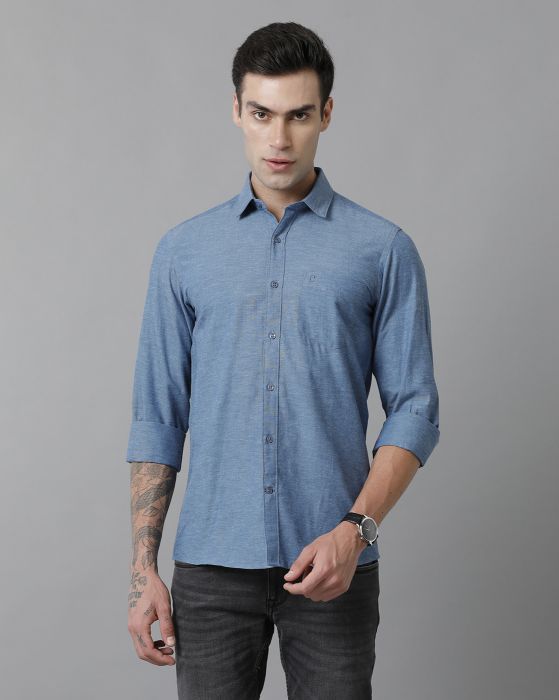 Cavallo By Linen Club Men's Cotton Linen Blue Solid Slim Fit Full Sleeve Casual Shirt