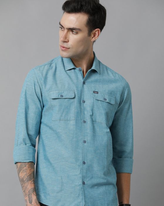 Cavallo By Linen Club Men's Cotton Linen Turquoise Blue Solid Slim Fit Full Sleeve Casual Shirt