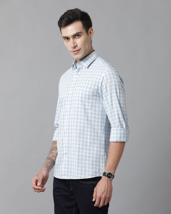 Cavallo By Linen Club Men's Cotton Linen Blue checked Slim Fit Full Sleeve Casual Shirt