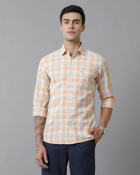 Cavallo By Linen Club Men's Cotton Linen Orange checked Slim Fit Full Sleeve Casual Shirt
