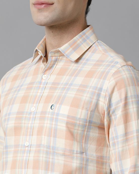 Cavallo By Linen Club Men's Cotton Linen Orange checked Slim Fit Full Sleeve Casual Shirt