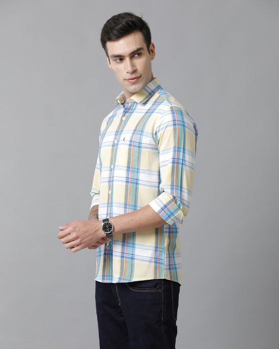Cavallo By Linen Club Men's Cotton Linen Yellow checked Slim Fit Full Sleeve Casual Shirt
