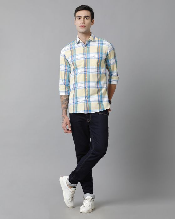 Cavallo By Linen Club Men's Cotton Linen Yellow checked Slim Fit Full Sleeve Casual Shirt