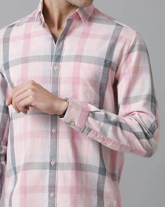 Cavallo By Linen Club Men's Cotton Linen Pink checked Slim Fit Full Sleeve Casual Shirt