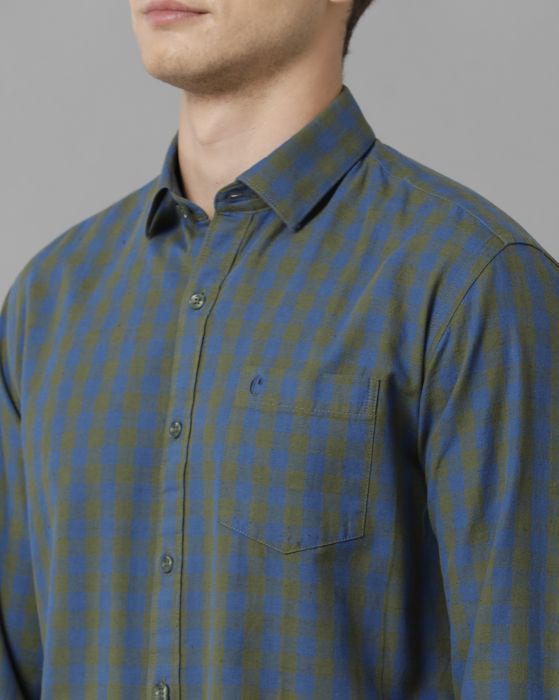 Cavallo By Linen Club Men's Cotton Linen Blue checked Slim Fit Full Sleeve Casual Shirt