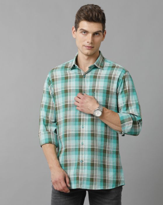Cavallo By Linen Club Men's Cotton Linen Green checked Slim Fit Full Sleeve Casual Shirt