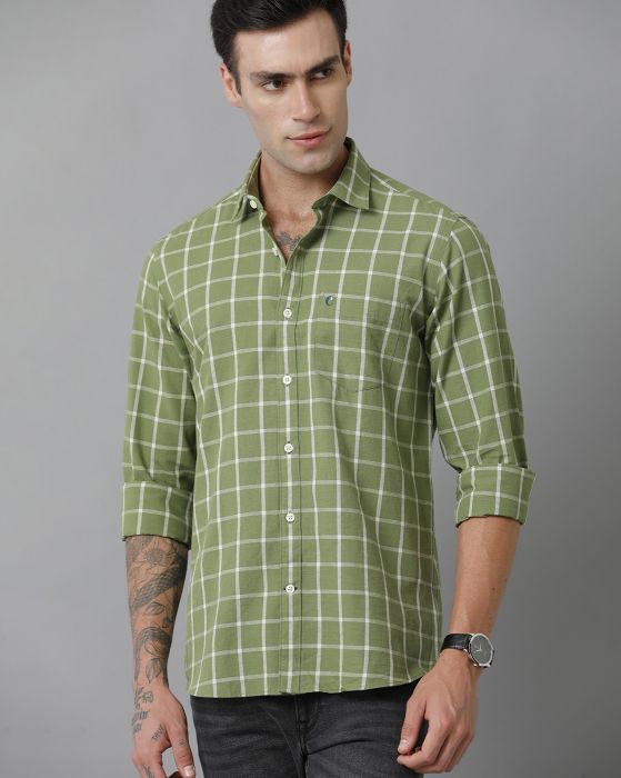 Cavallo By Linen Club Men's Cotton Linen Green checked Slim Fit Full Sleeve Casual Shirt