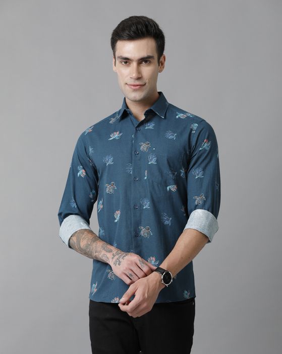 Cavallo By Linen Club Men's Cotton Linen Blue Printed Slim Fit Full Sleeve Casual Shirt