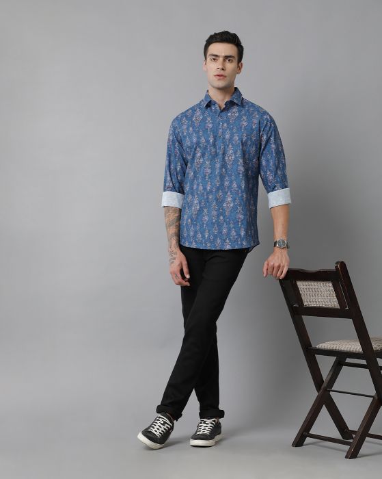 Cavallo By Linen Club Men's Cotton Linen Blue Printed Slim Fit Full Sleeve Casual Shirt