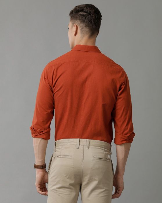 Cavallo By Linen Club Men's Cotton Linen Orange Solid Slim Fit Full Sleeve Smart Casual Shirt