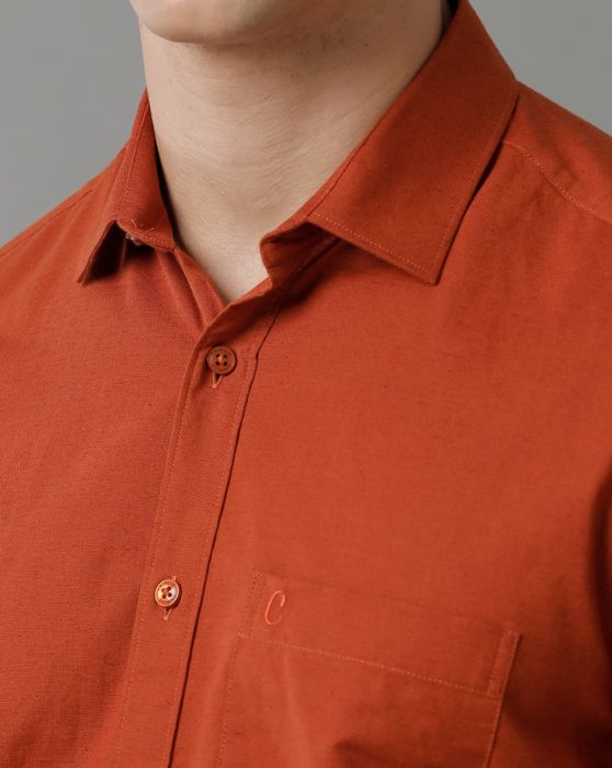Cavallo By Linen Club Men's Cotton Linen Orange Solid Slim Fit Full Sleeve Smart Casual Shirt