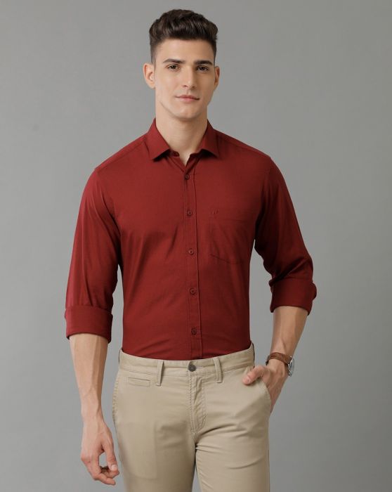 Cavallo By Linen Club Men's Cotton Linen Maroon Solid Slim Fit Full Sleeve Smart Casual Shirt