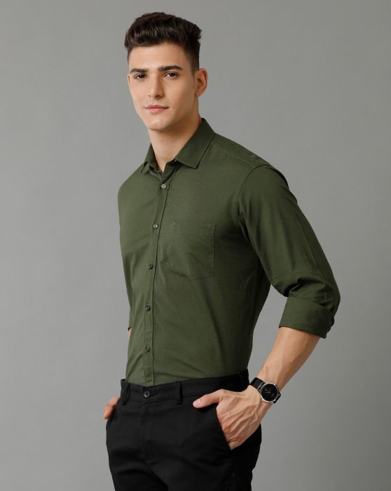 Cavallo By Linen Club Men's Cotton Linen Green Solid Slim Fit Full Sleeve Smart Casual Shirt