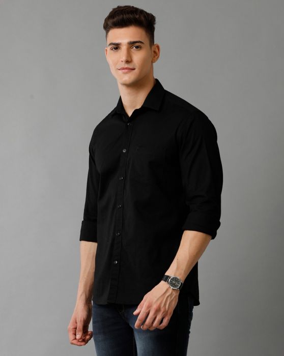 Cavallo By Linen Club Men's Cotton Linen Black Solid Slim Fit Full Sleeve Smart Casual Shirt
