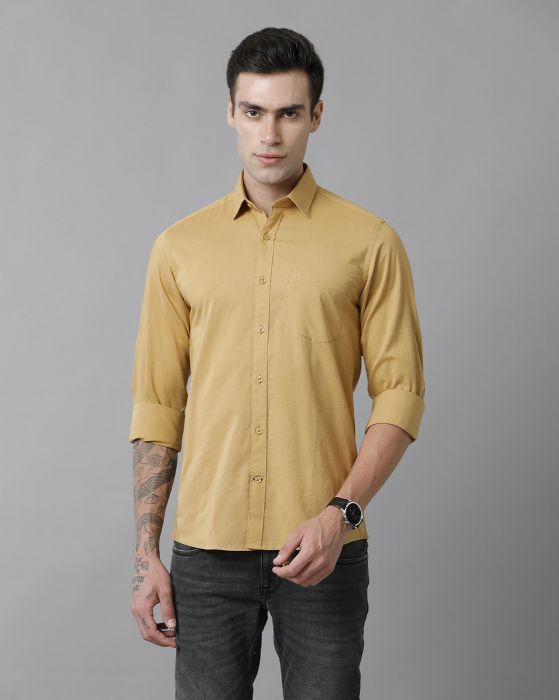 Cavallo By Linen Club Men's Cotton Linen Yellow Solid Slim Fit Full Sleeve Casual Shirt