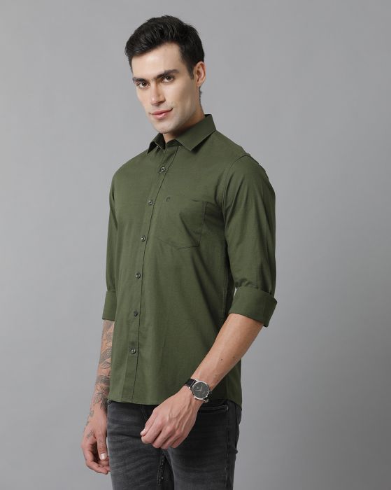 Cavallo By Linen Club Men's Cotton Linen Green Solid Slim Fit Full Sleeve Casual Shirt