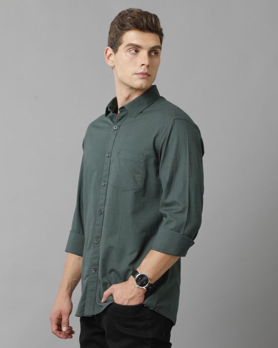 Cavallo By Linen Club Men's Cotton Linen Green Solid Slim Fit Full Sleeve Casual Shirt