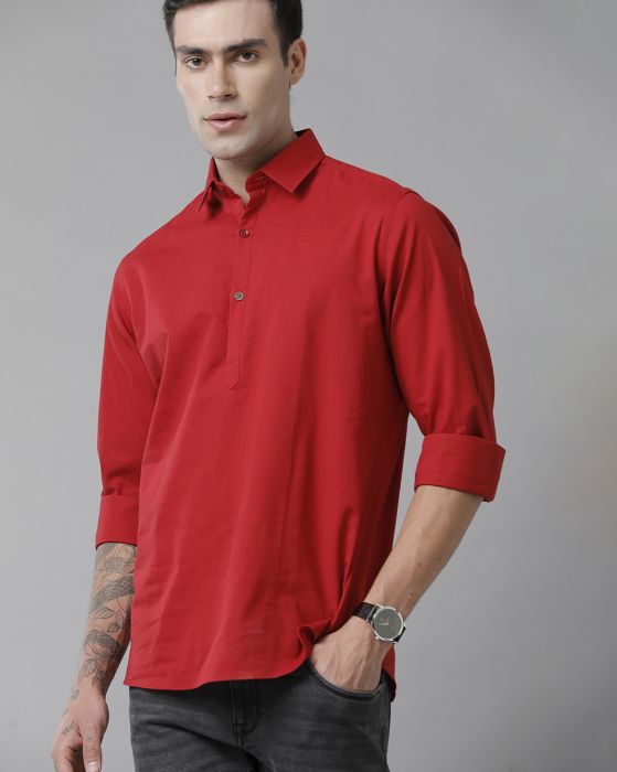 Cavallo By Linen Club Men's Cotton Linen Red Solid Slim Fit Full Sleeve Casual Shirt