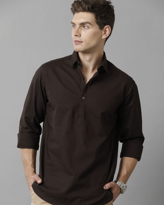 Cavallo By Linen Club Men's Cotton Linen Brown Solid Slim Fit Full Sleeve Casual Shirt
