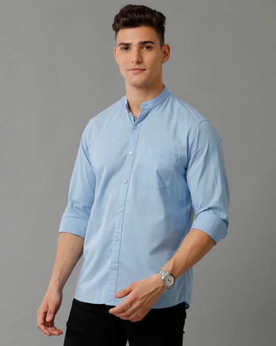 Cavallo By Linen Club Men's Cotton Linen Blue Solid Slim Fit Full Sleeve Smart Casual Shirt