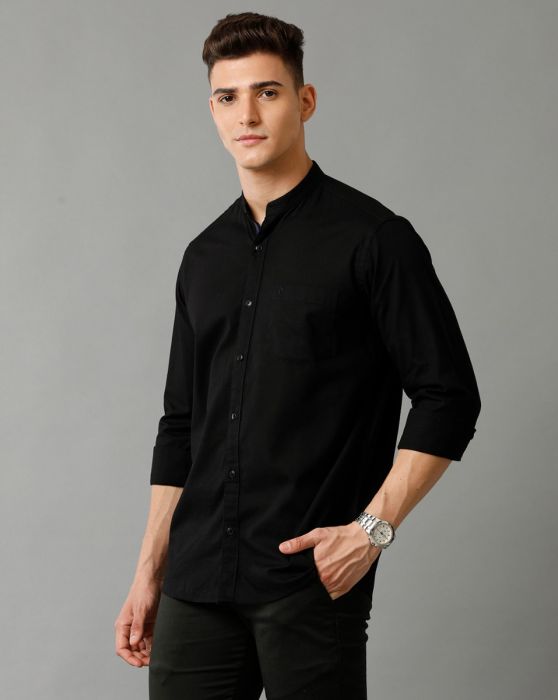 Cavallo By Linen Club Men's Cotton Linen Black Solid Slim Fit Full Sleeve Smart Casual Shirt