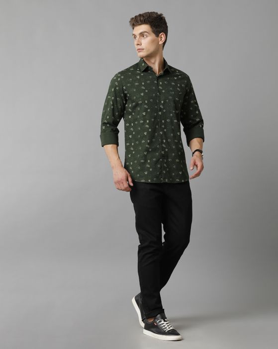 Cavallo By Linen Club Men's Cotton Linen Green Printed Slim Fit Full Sleeve Casual Shirt