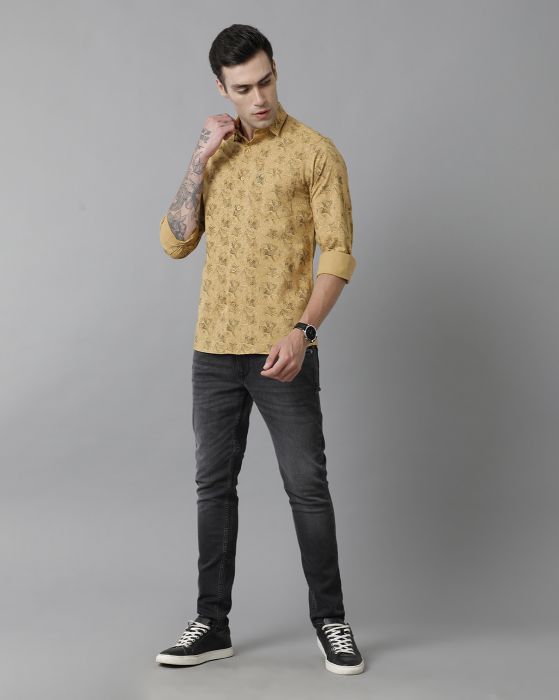Cavallo By Linen Club Men's Cotton Linen Yellow Printed Slim Fit Full Sleeve Casual Shirt