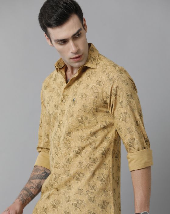 Cavallo By Linen Club Men's Cotton Linen Yellow Printed Slim Fit Full Sleeve Casual Shirt