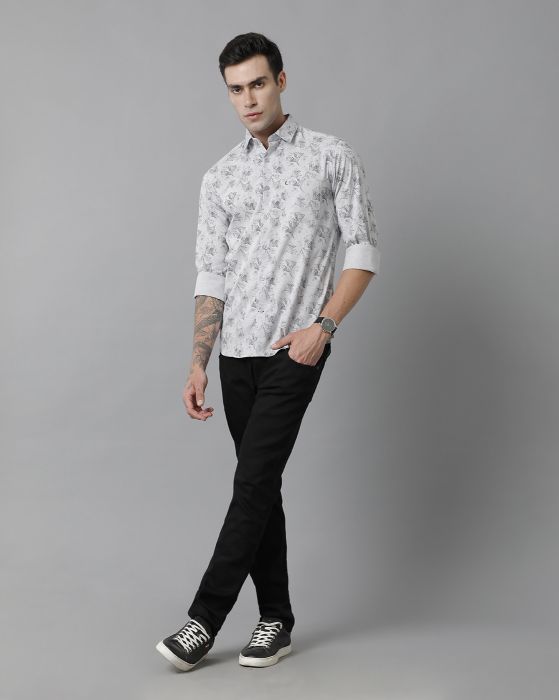 Cavallo By Linen Club Men's Cotton Linen White Printed Slim Fit Full Sleeve Casual Shirt