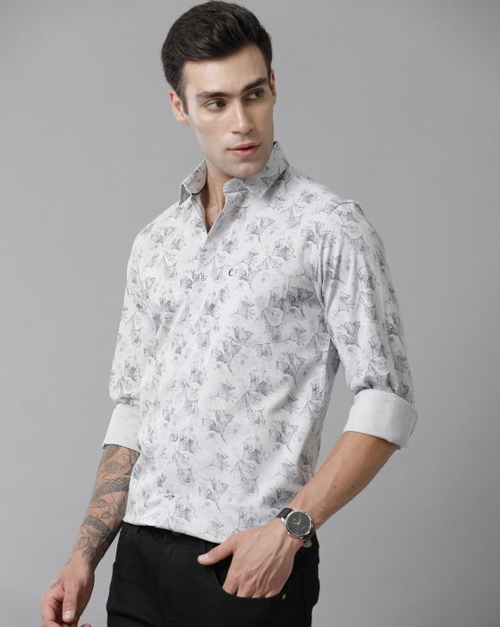 Cavallo By Linen Club Men's Cotton Linen White Printed Slim Fit Full Sleeve Casual Shirt