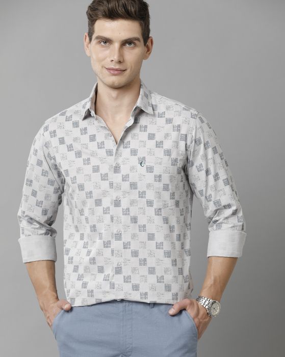 Cavallo By Linen Club Men's Cotton Linen Grey Printed Slim Fit Full Sleeve Casual Shirt