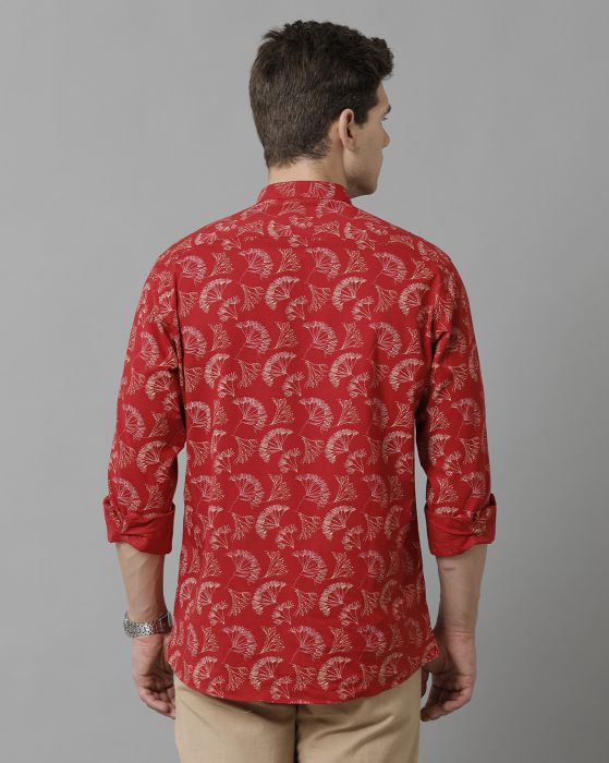 Cavallo By Linen Club Men's Cotton Linen Red Printed Slim Fit Full Sleeve Casual Shirt