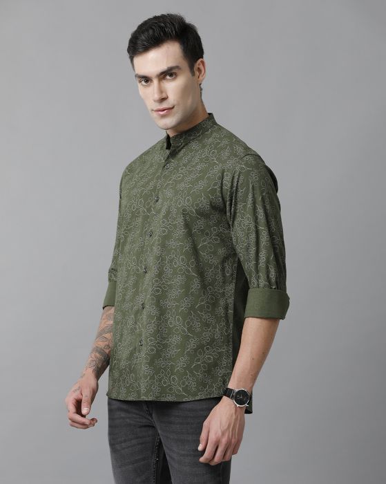 Cavallo By Linen Club Men's Cotton Linen Green Printed Slim Fit Full Sleeve Casual Shirt