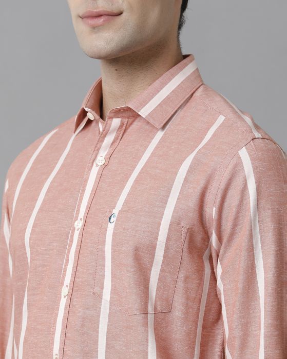 Cavallo By Linen Club Men's Cotton Linen Peach Striped Slim Fit Full Sleeve Casual Shirt
