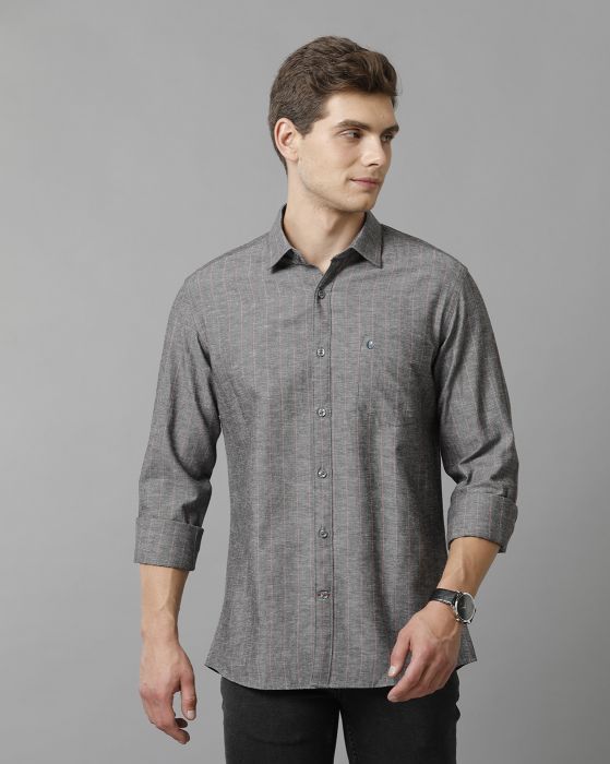 Cavallo By Linen Club Men's Cotton Linen Grey Striped Slim Fit Full Sleeve Casual Shirt