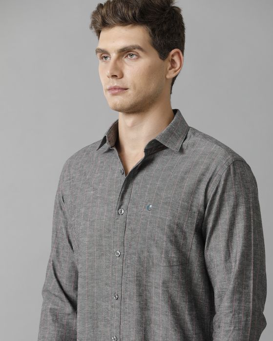Cavallo By Linen Club Men's Cotton Linen Grey Striped Slim Fit Full Sleeve Casual Shirt