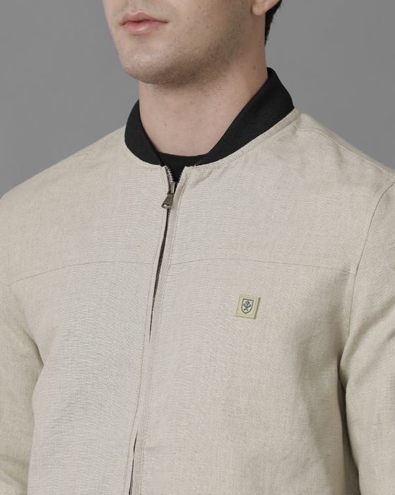 Linen Club Beige Solid Full Sleeve All Season Linen Jacket for Men